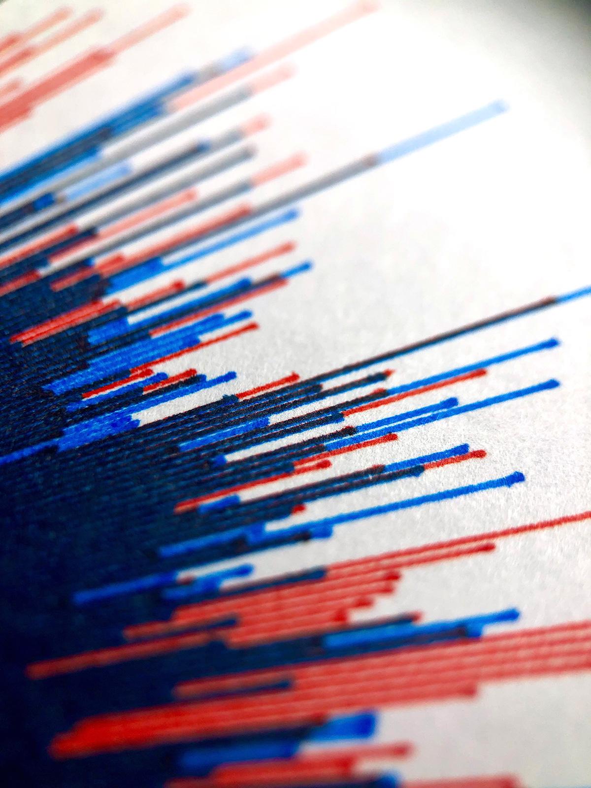 A closer view of a section of the previous piece, showing how the different colours and lengths of lines overlap and interact